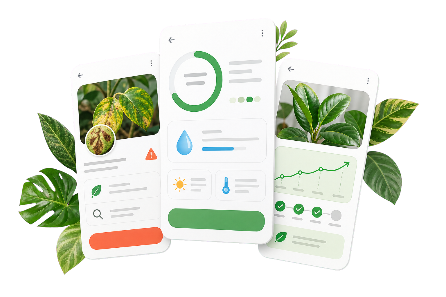 Floating LeafMedic AI care cards for diagnosis, watering, and recovery