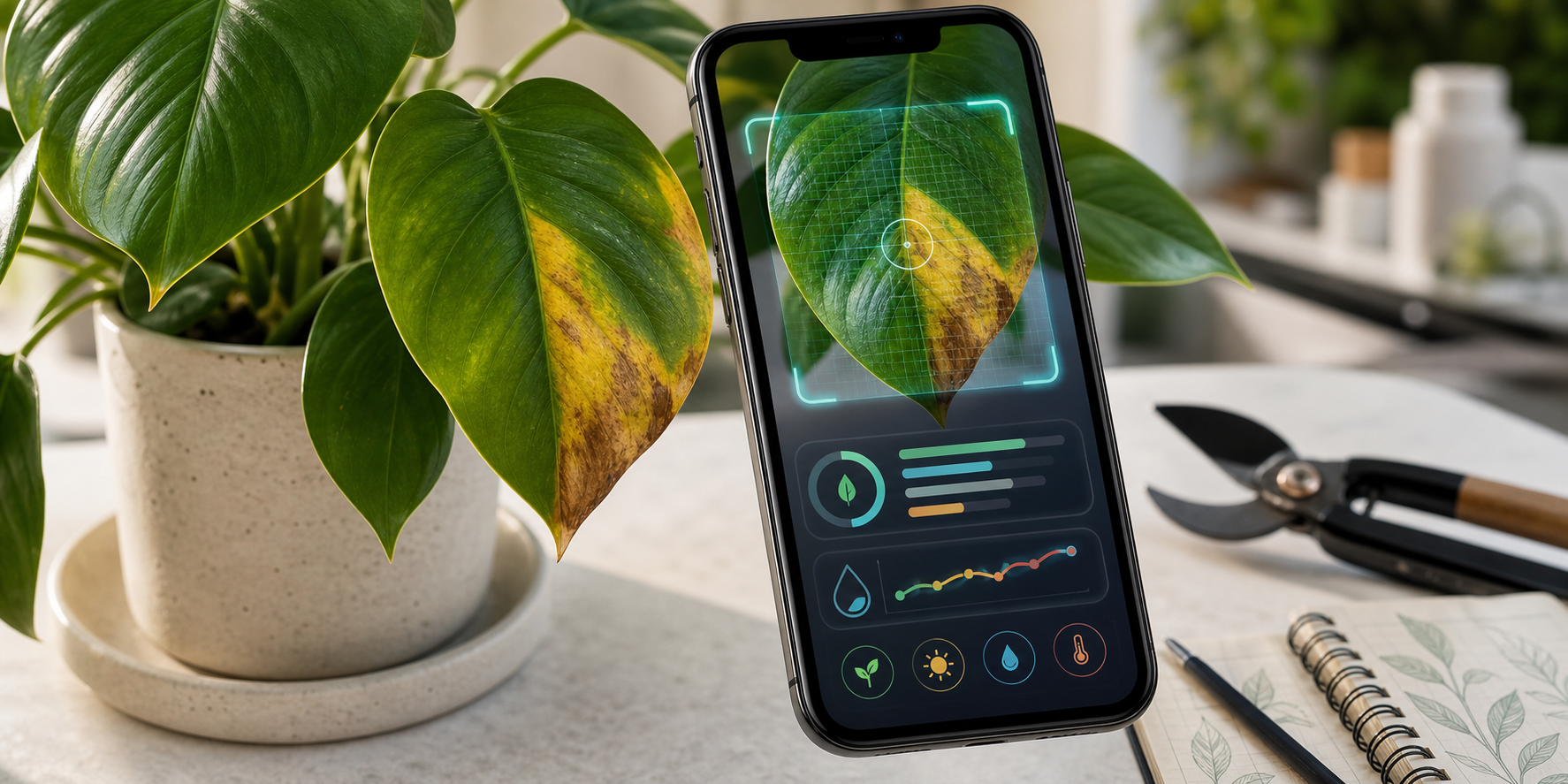 Phone scanning a yellowing plant leaf for diagnosis