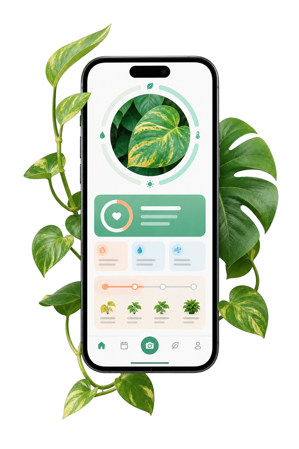 LeafMedic AI phone app interface wrapped with plant leaves